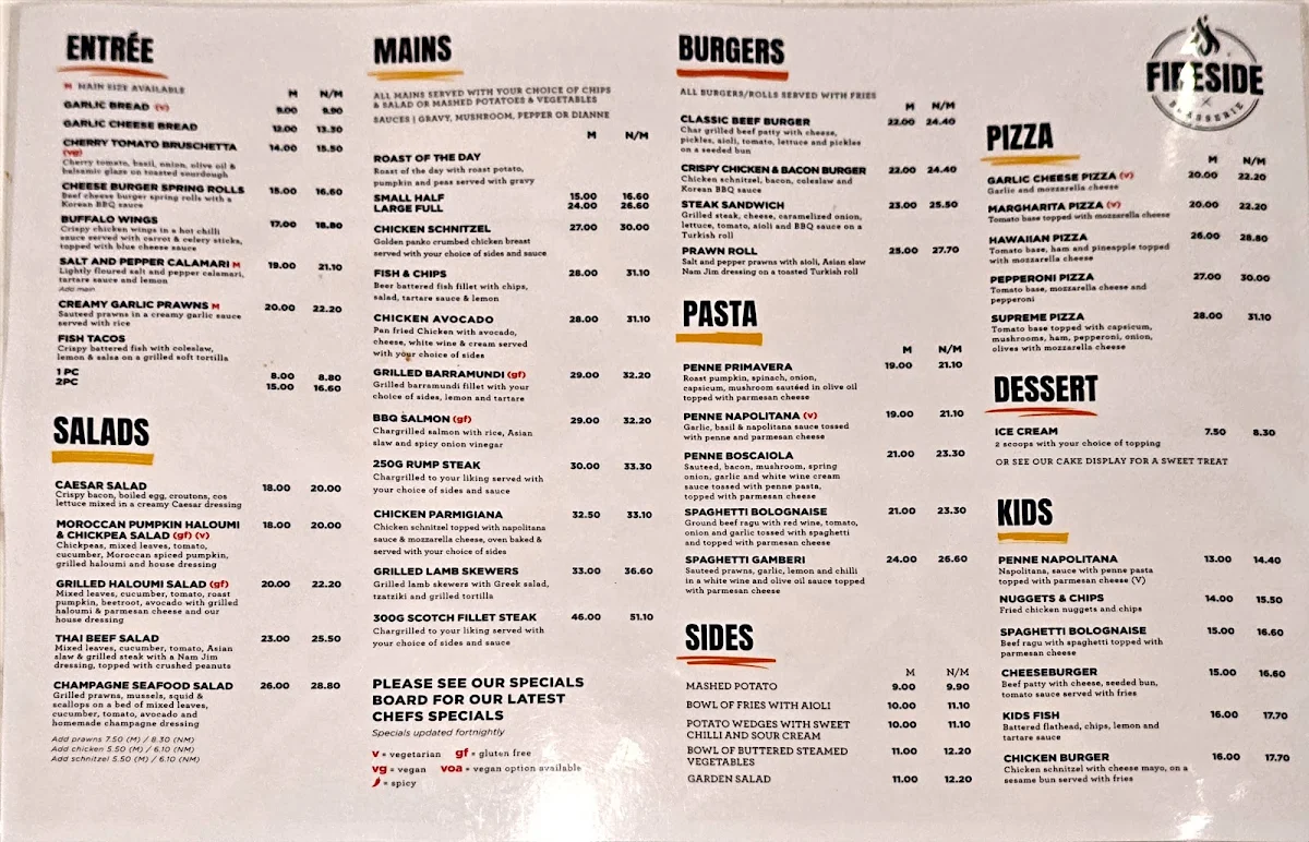 Menu, Fireside Brasserie at Kingsgrove RSL Club