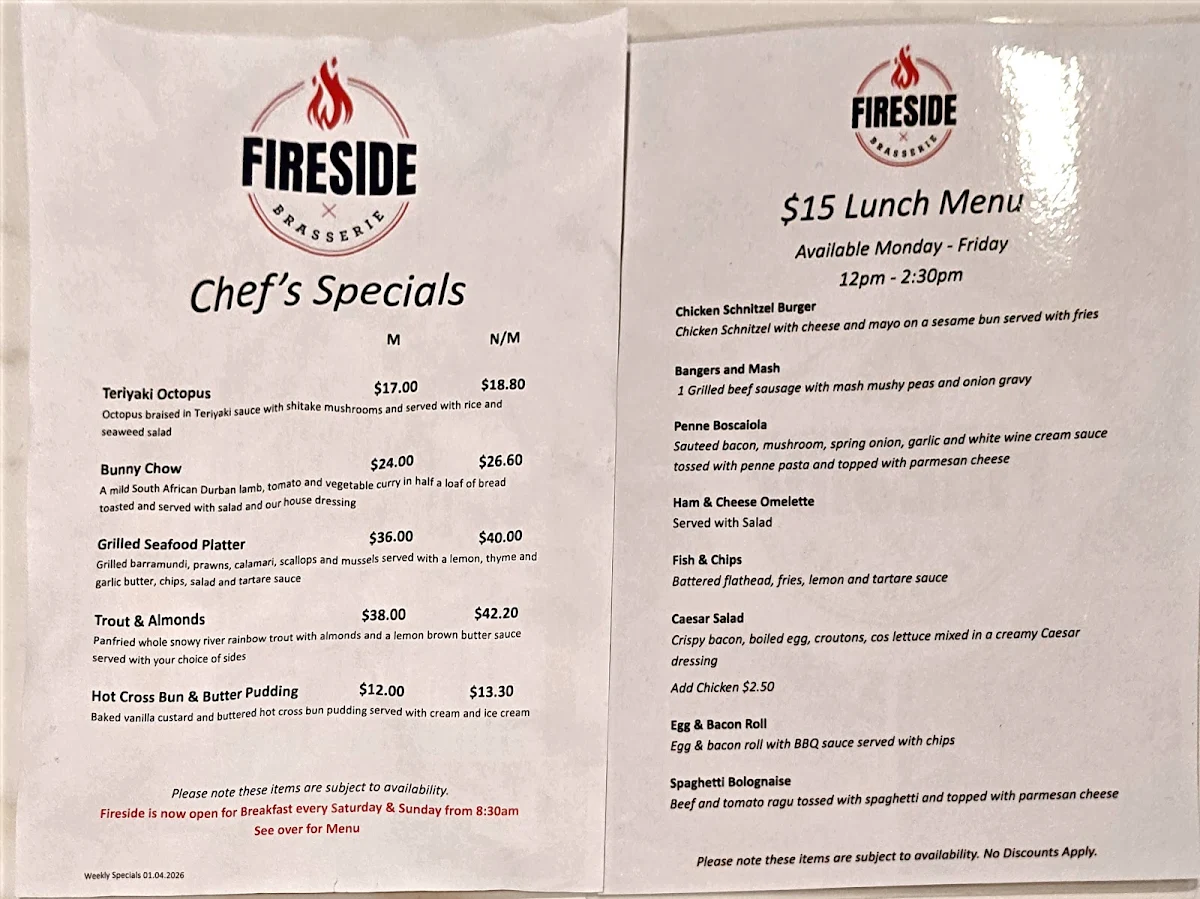Menu, Fireside Brasserie at Kingsgrove RSL Club