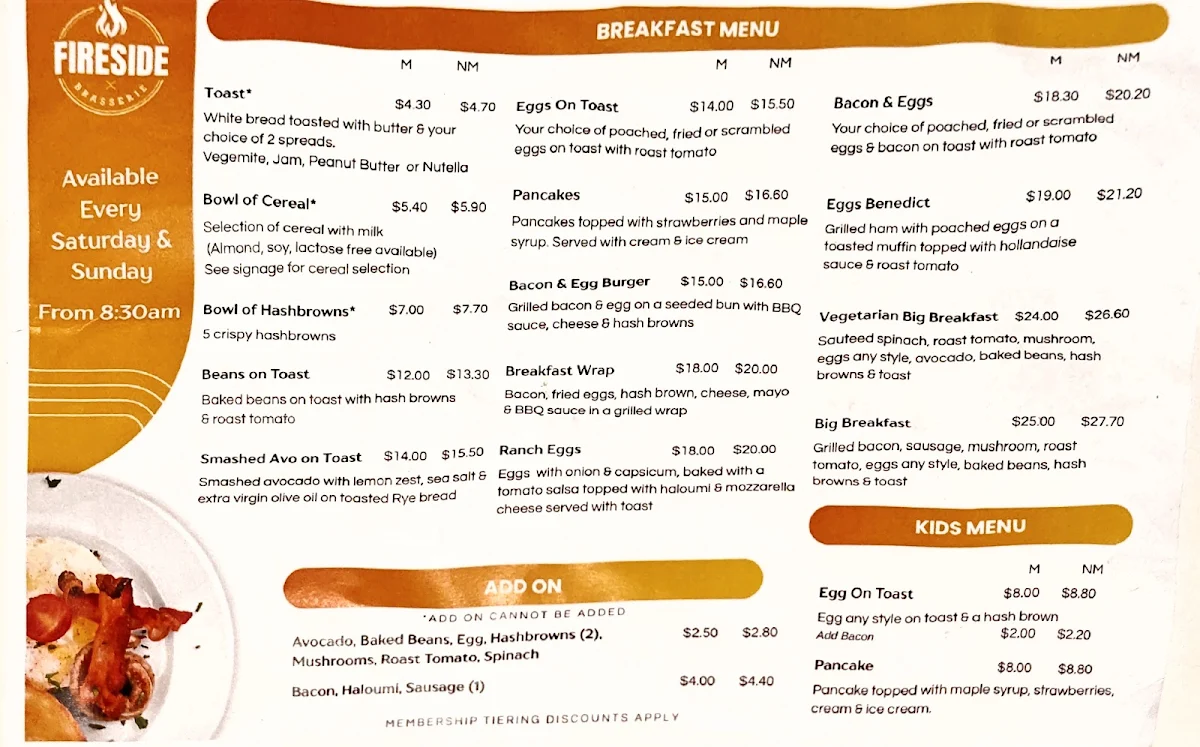Menu, Fireside Brasserie at Kingsgrove RSL Club
