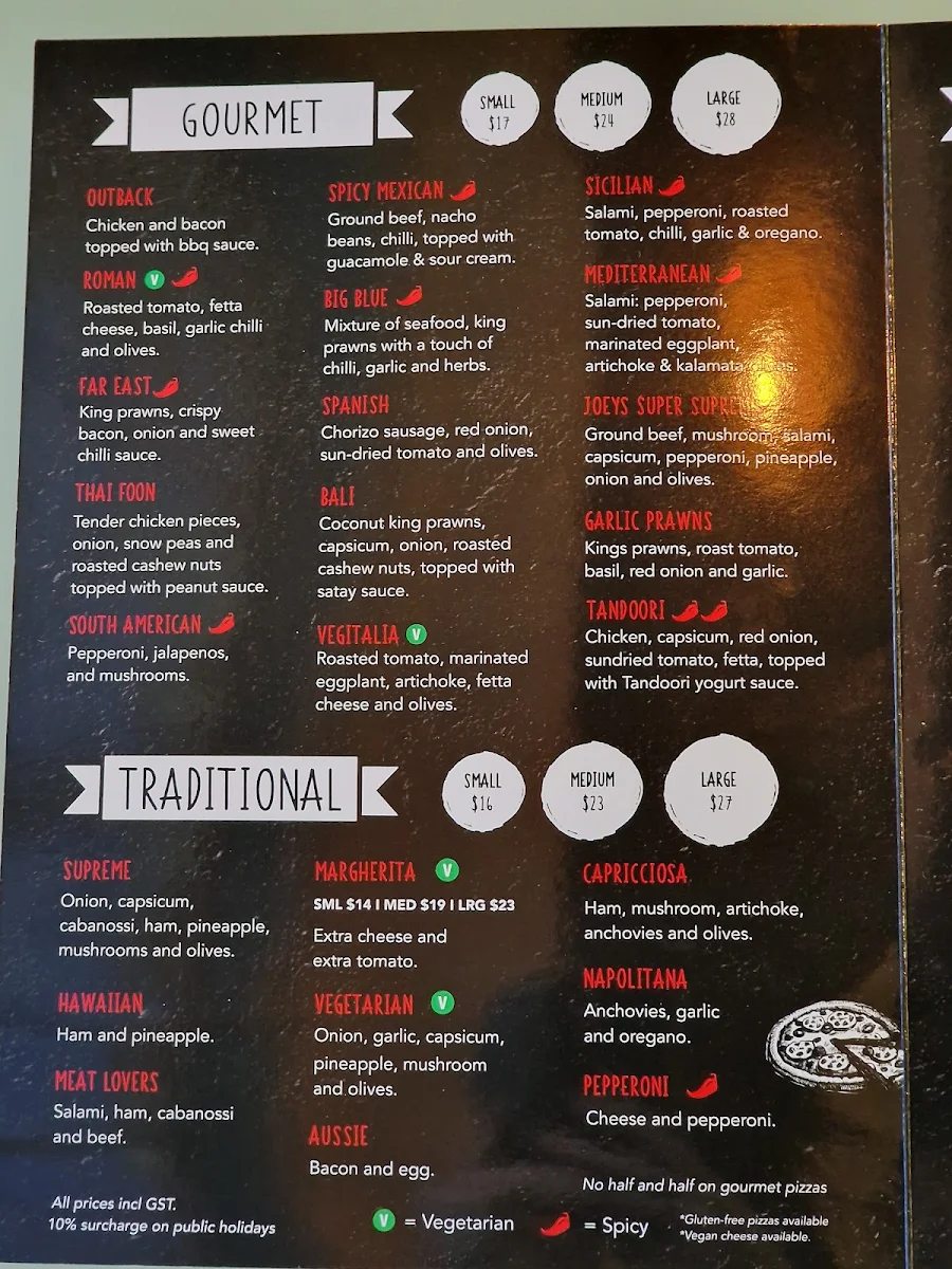 Menu, Joey's Pizza Pasta and Gelato