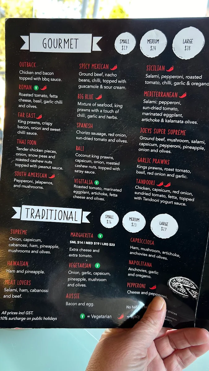 Menu, Joey's Pizza Pasta and Gelato