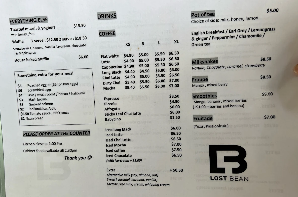 Menu, Lost Bean (Grey Street)