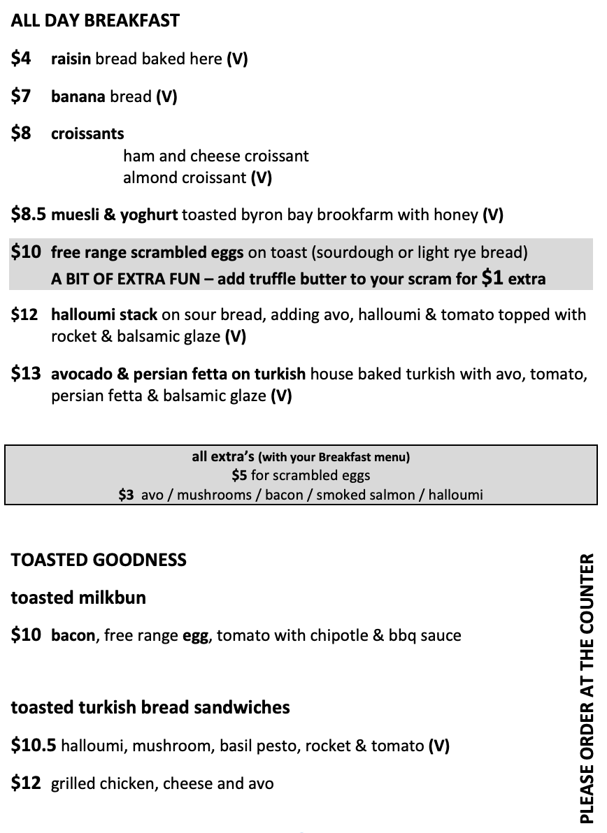 Menu, Lost Bean (Grey Street)
