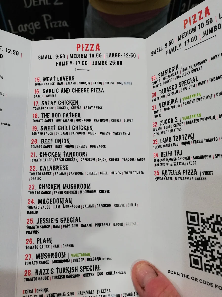 Menu, Razz's Pizza and Pasta House