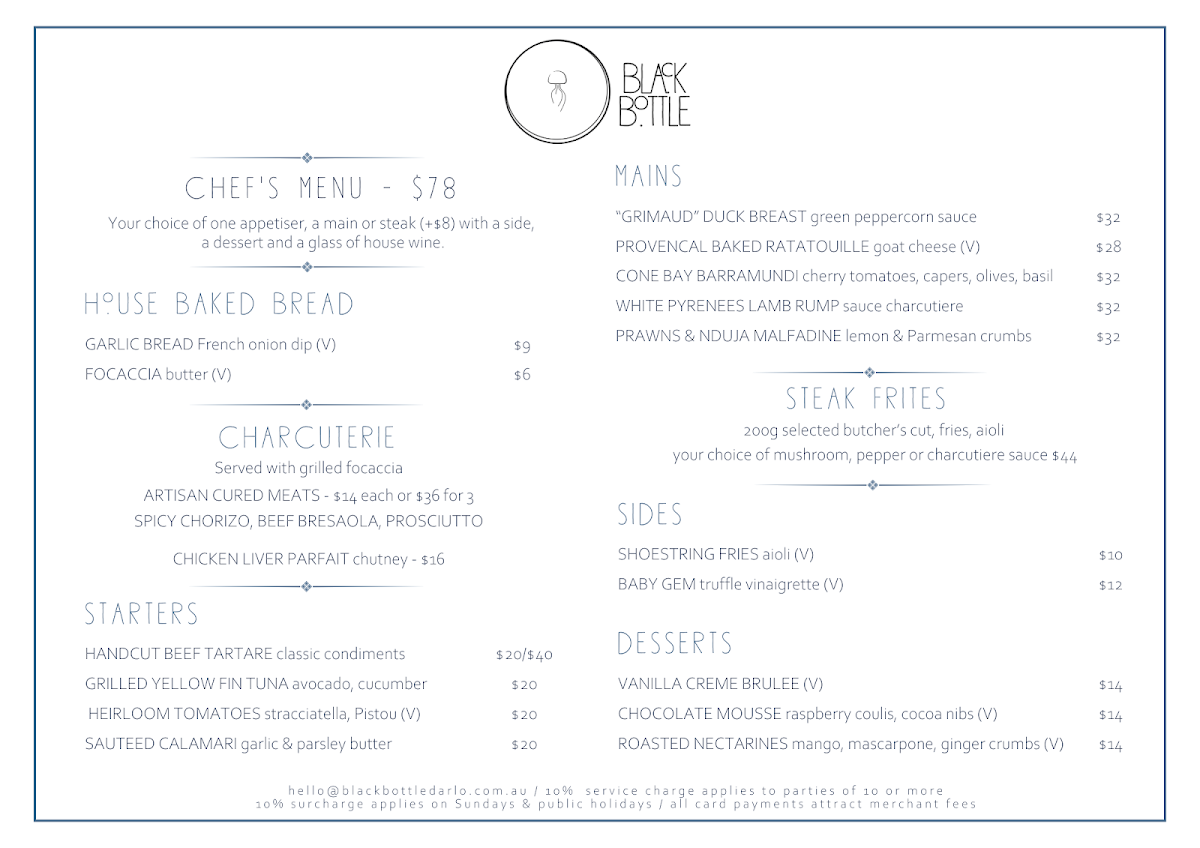 Menu, Black Bottle