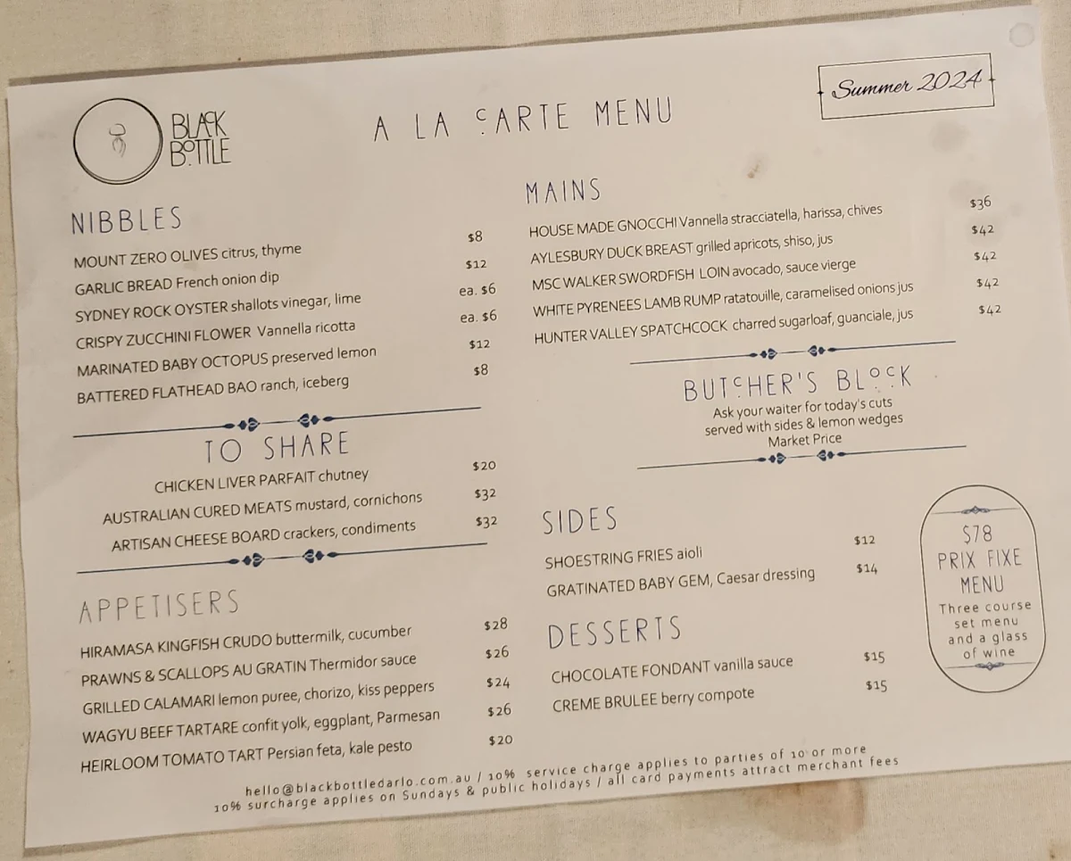 Menu, Black Bottle