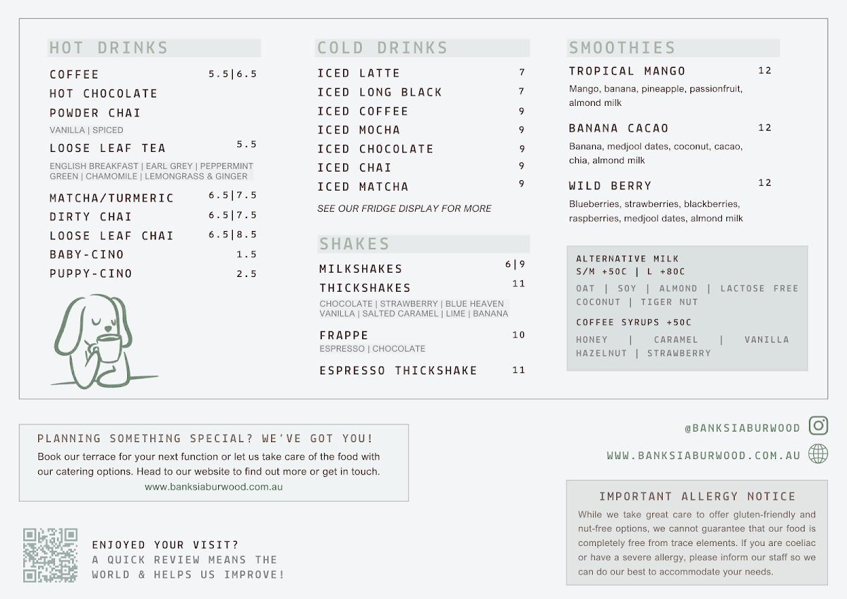 Menu, Banksia Burwood