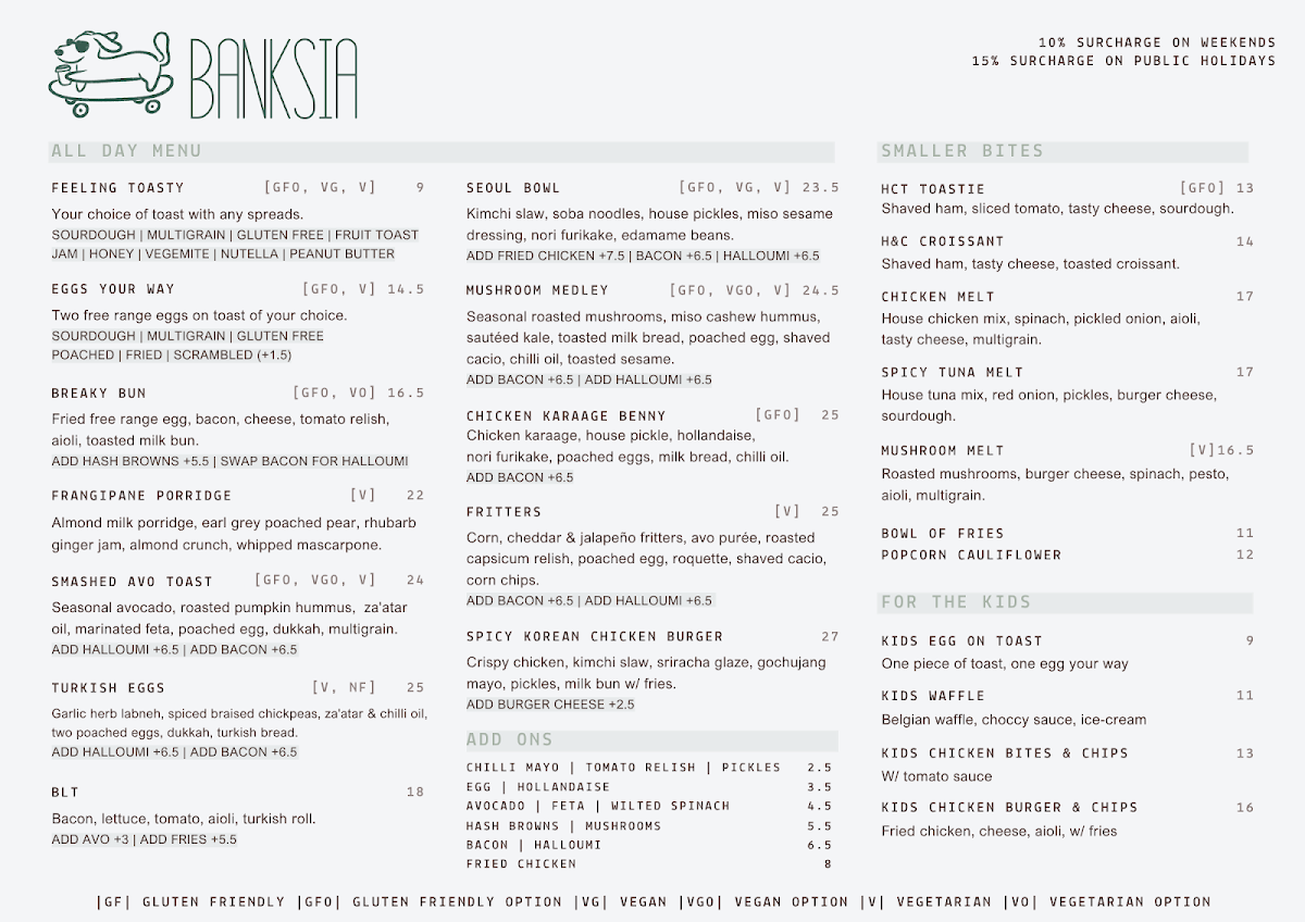 Menu, Banksia Burwood