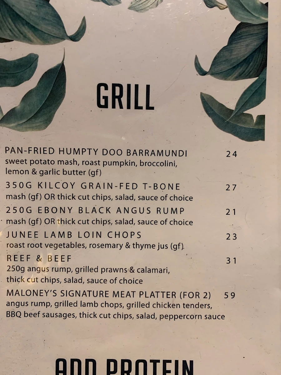 Menu, Maloney's Hotel