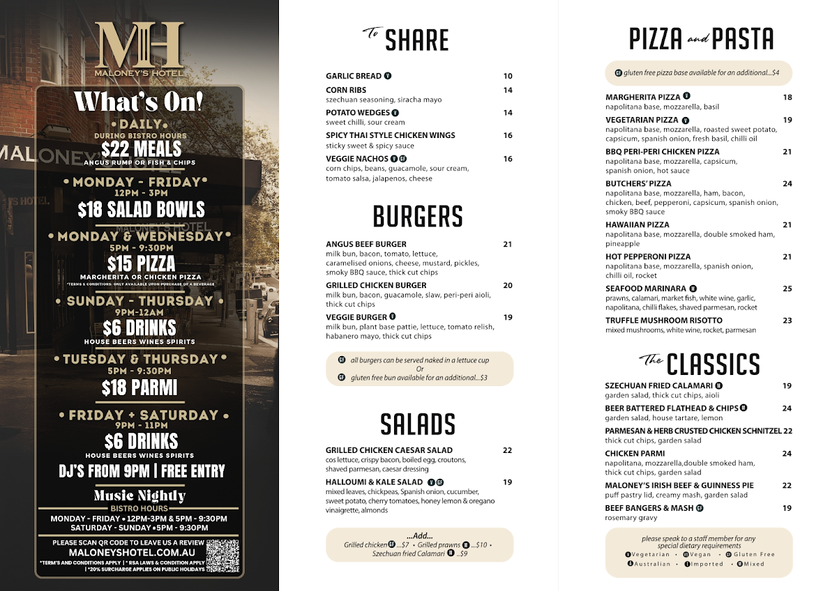 Menu, Maloney's Hotel
