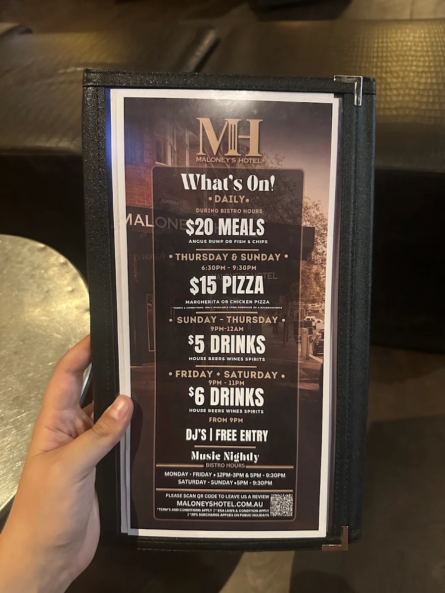 Menu, Maloney's Hotel