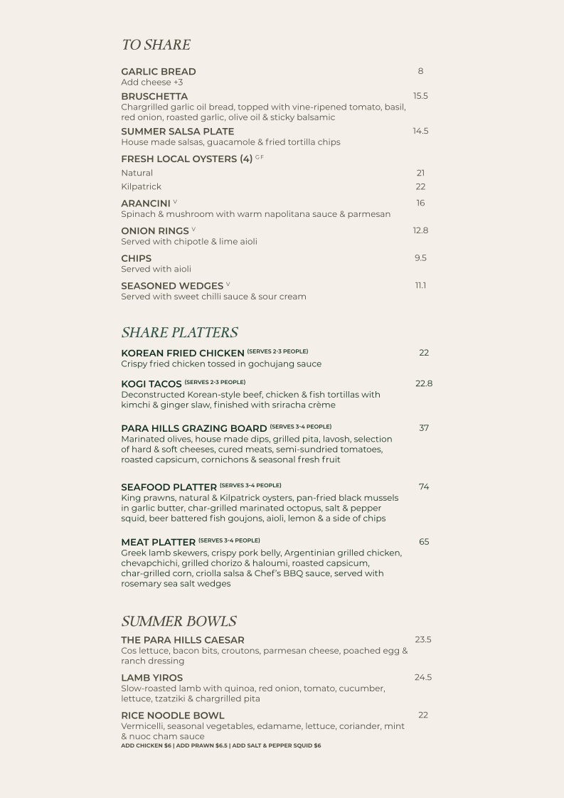 Menu, Para Hills Community Club