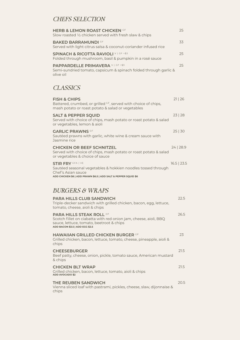 Menu, Para Hills Community Club