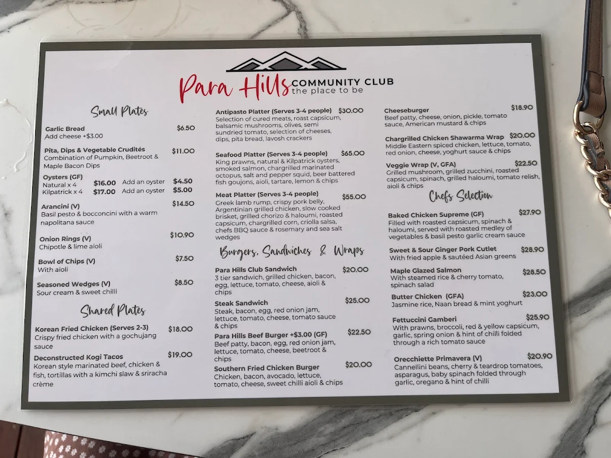 Menu, Para Hills Community Club