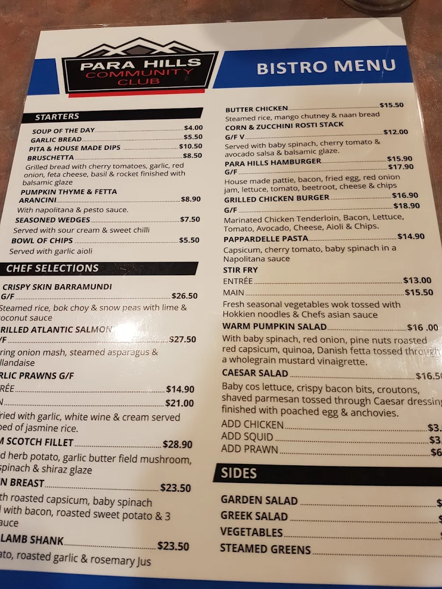 Menu, Para Hills Community Club