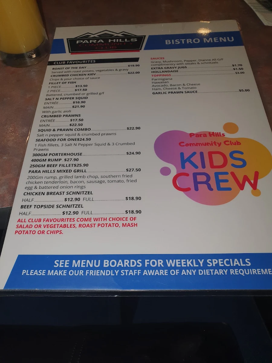 Menu, Para Hills Community Club
