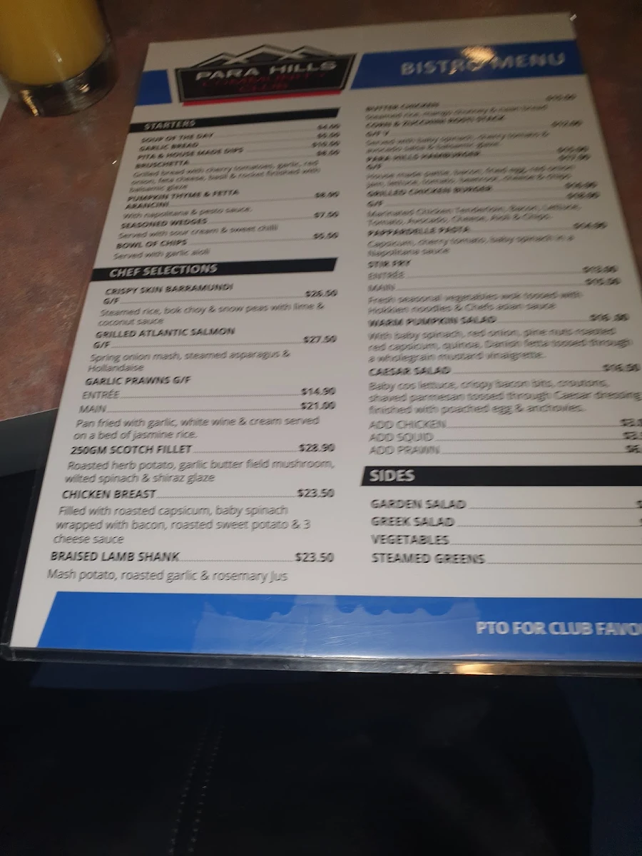 Menu, Para Hills Community Club