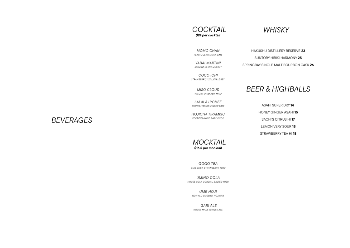 Menu, Sachi Melbourne | Omakase & Japanese Seafood Restaurant