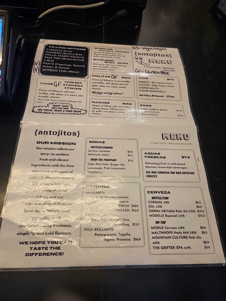 Menu, {antojitos} Taqueria- Newcastle