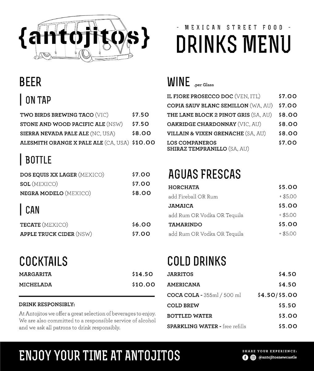 Menu, {antojitos} Taqueria- Newcastle
