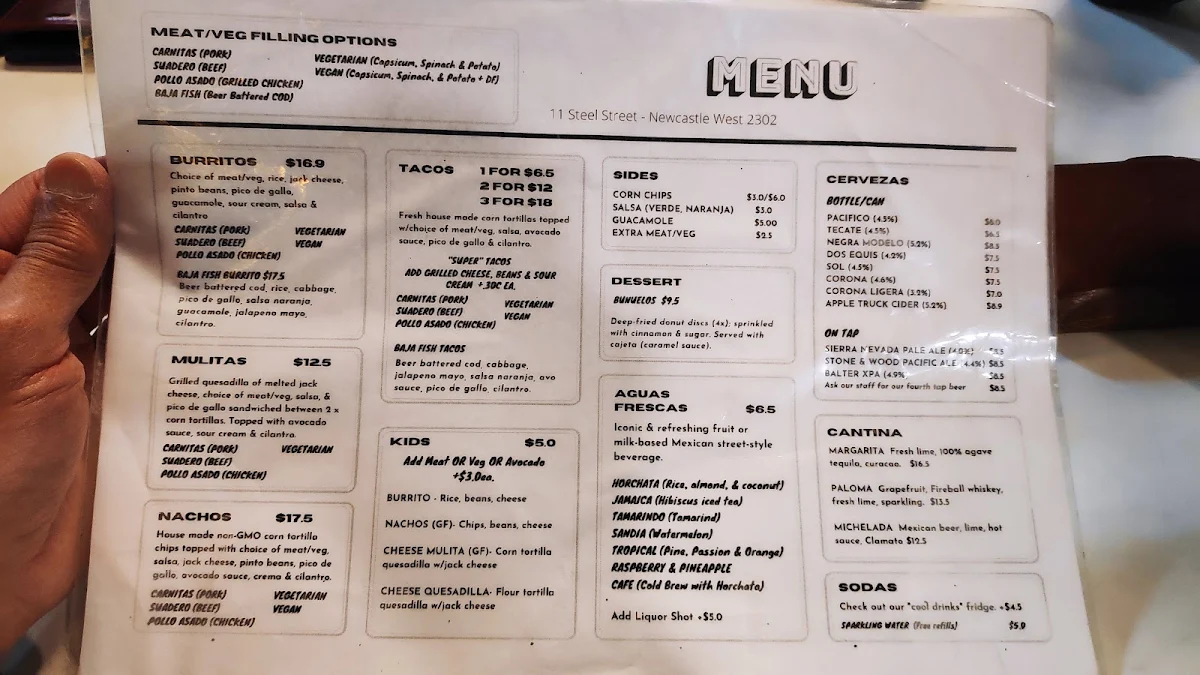 Menu, {antojitos} Taqueria- Newcastle