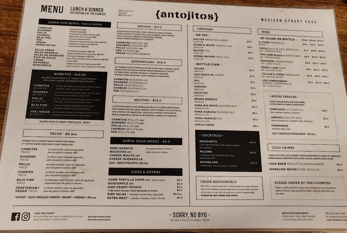 Menu, {antojitos} Taqueria- Newcastle
