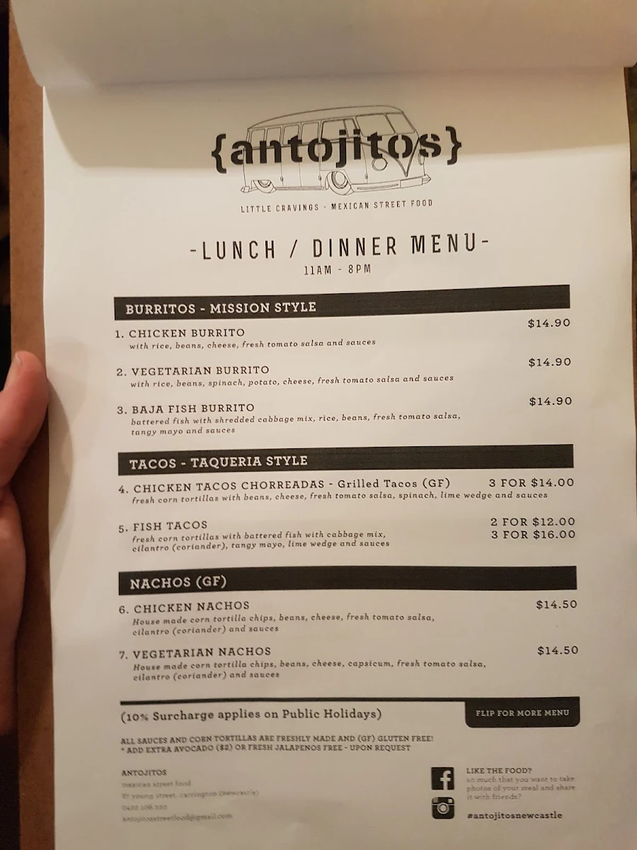 Menu, {antojitos} Taqueria- Newcastle