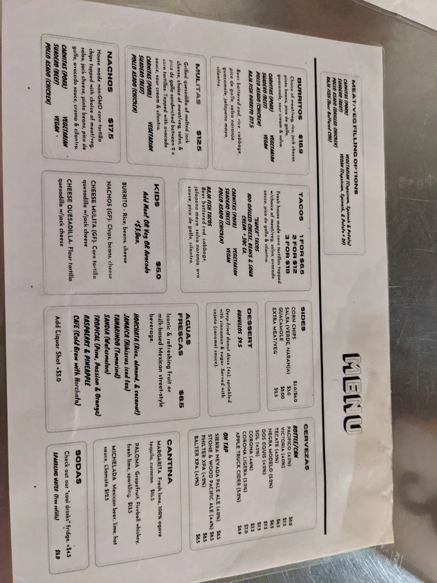 Menu, {antojitos} Taqueria- Newcastle