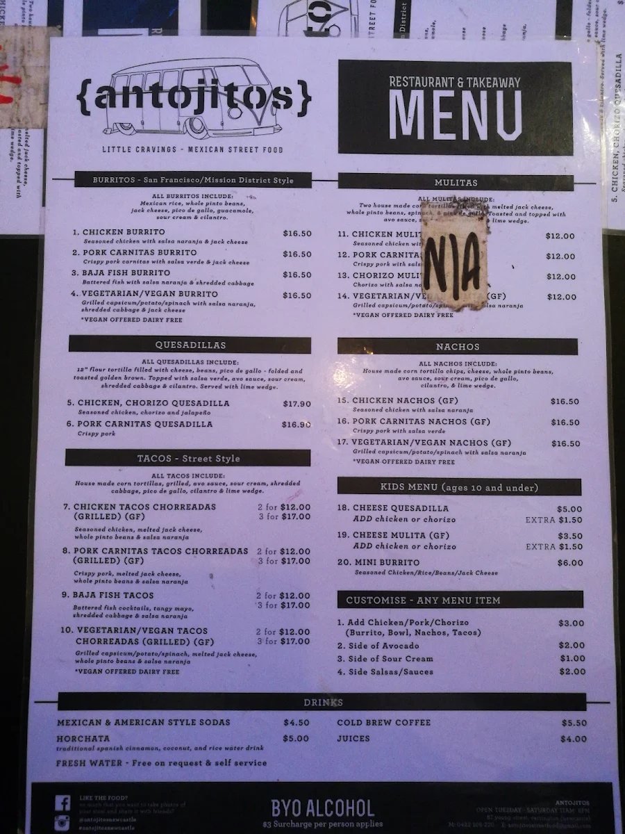 Menu, {antojitos} Taqueria- Newcastle