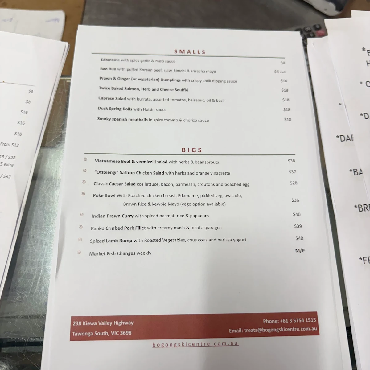 Menu, Treats at bogong ski centre