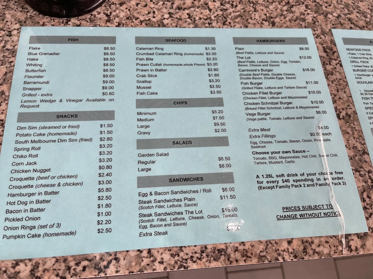 Menu, Ocean Star Fish & Chips