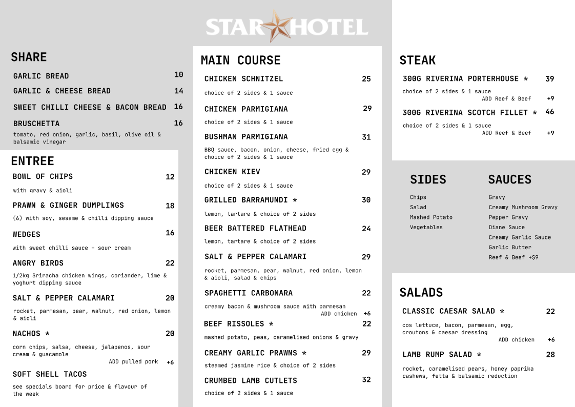 Menu, Star Hotel Albury