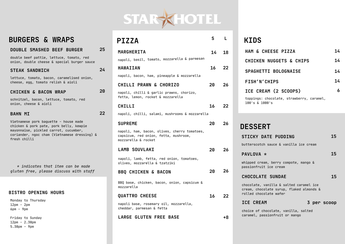 Menu, Star Hotel Albury