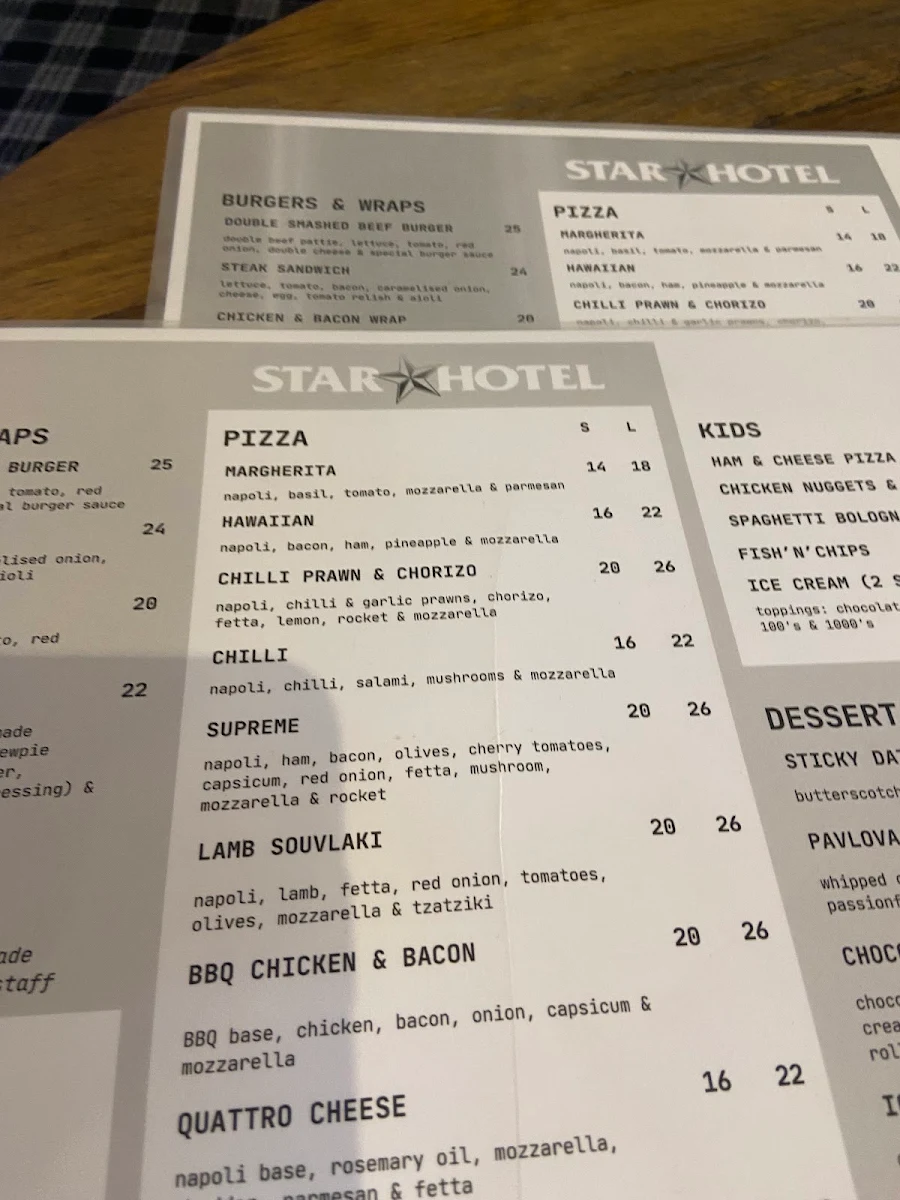 Menu, Star Hotel Albury