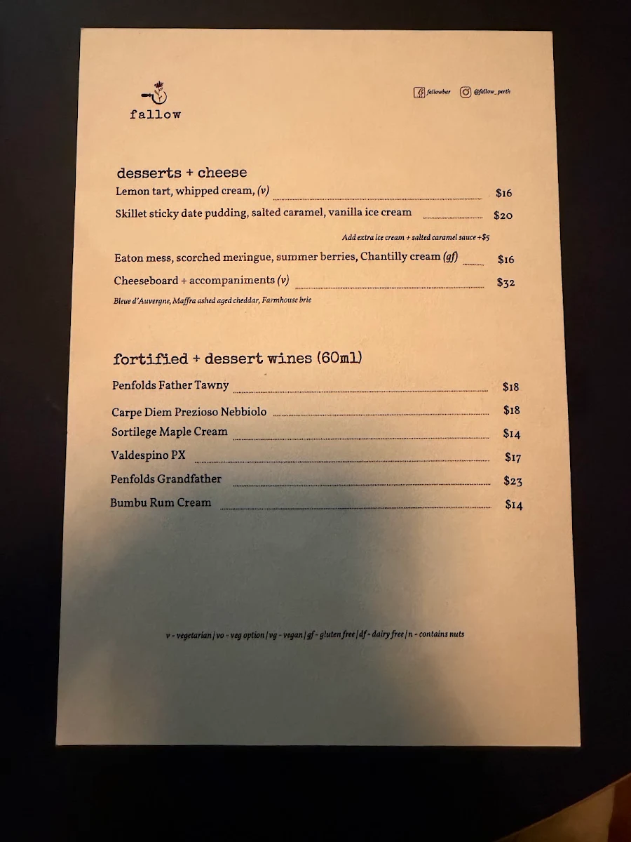 Menu, Fallow Liquor & Eatery