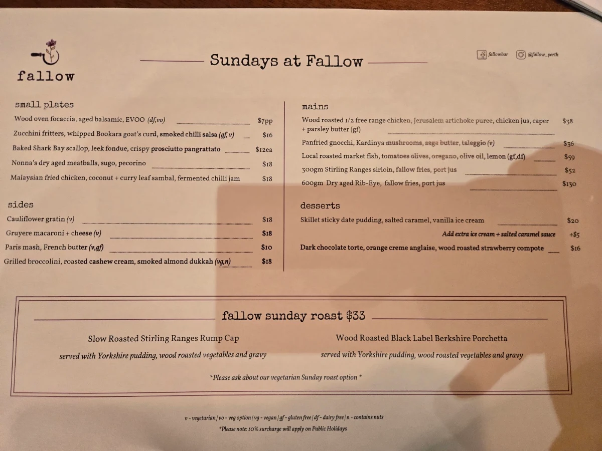 Menu, Fallow Liquor & Eatery
