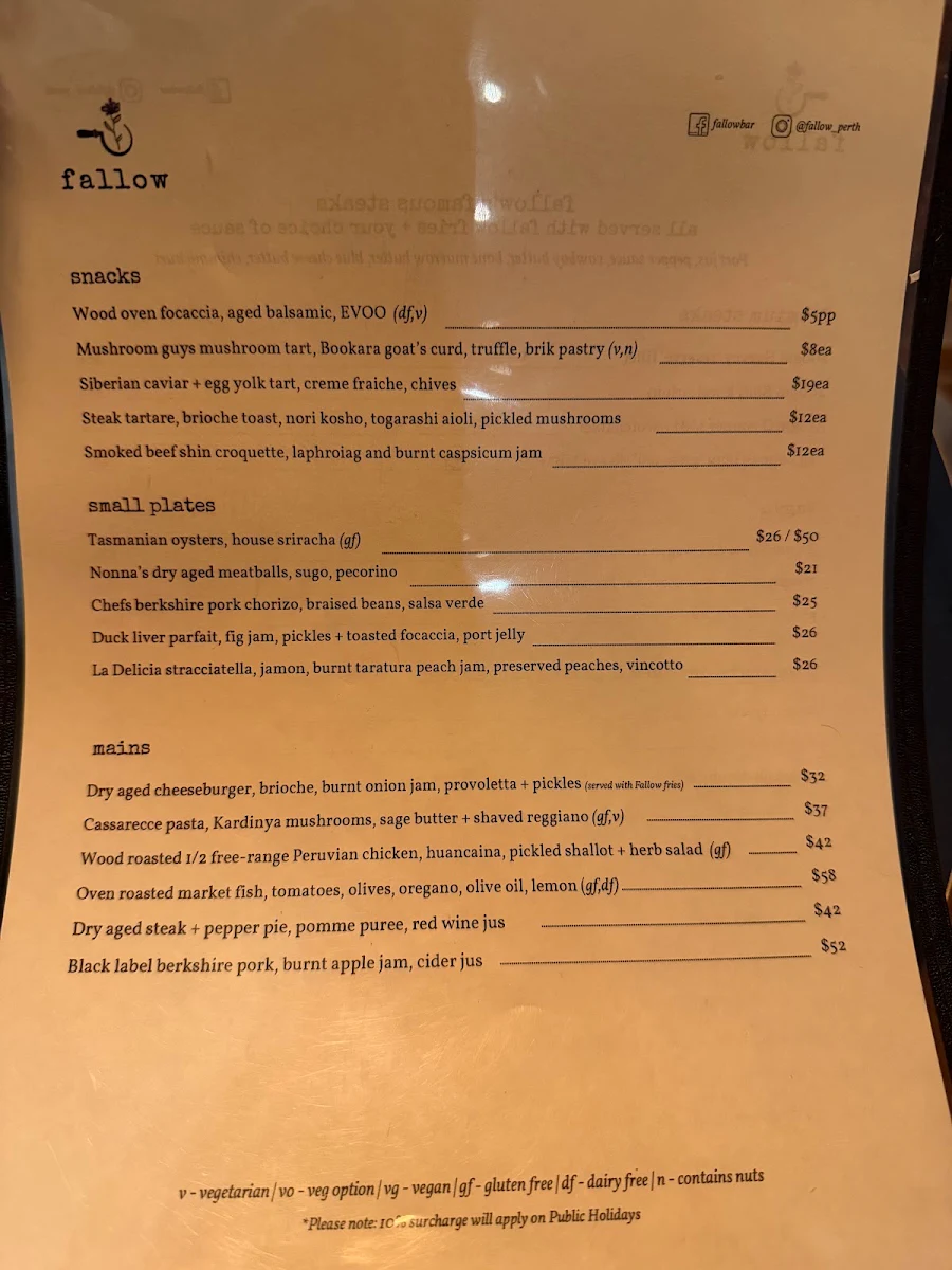 Menu, Fallow Liquor & Eatery