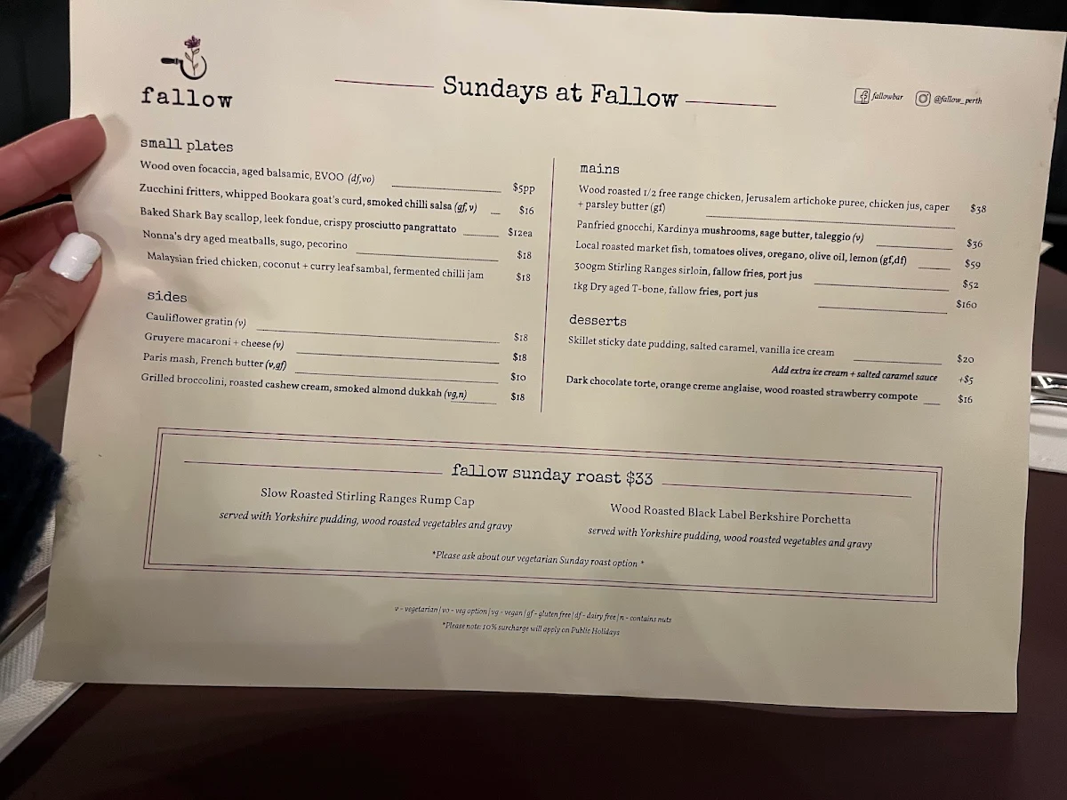 Menu, Fallow Liquor & Eatery