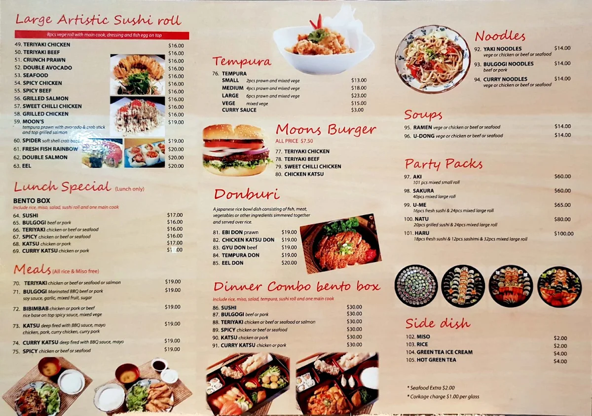 Menu, Moon Sushi Wollongong