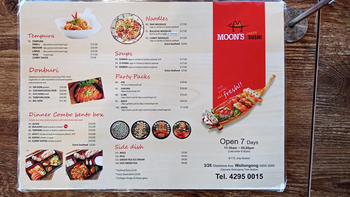 Menu, Moon Sushi Wollongong
