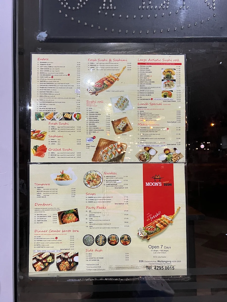 Menu, Moon Sushi Wollongong