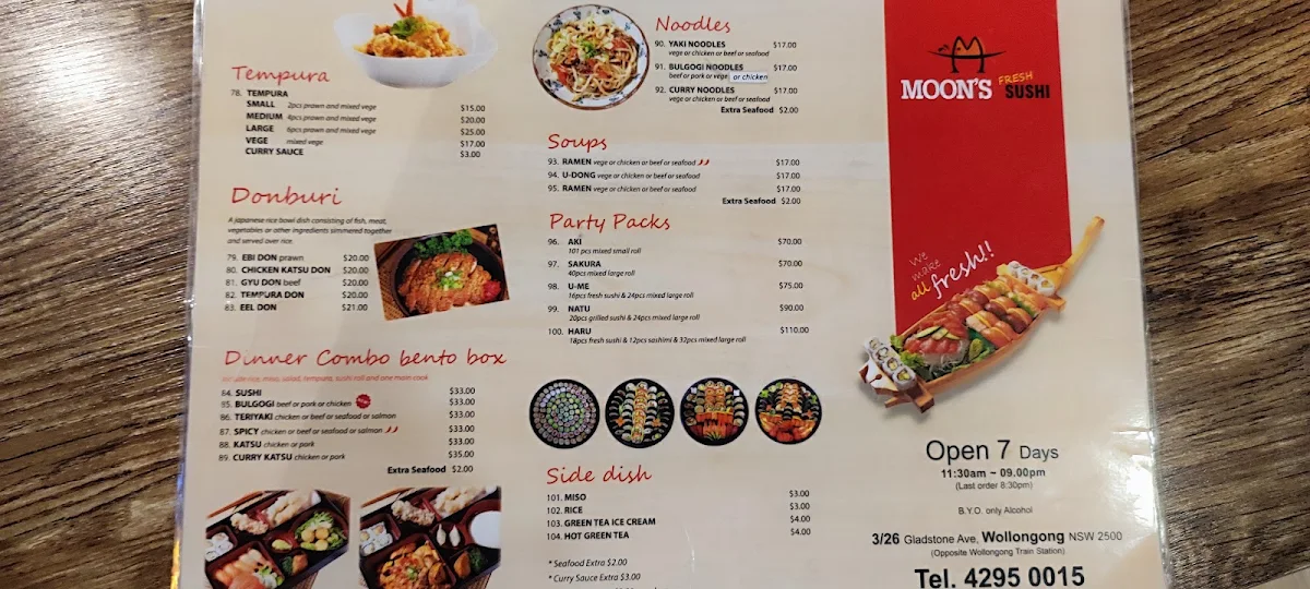 Menu, Moon Sushi Wollongong