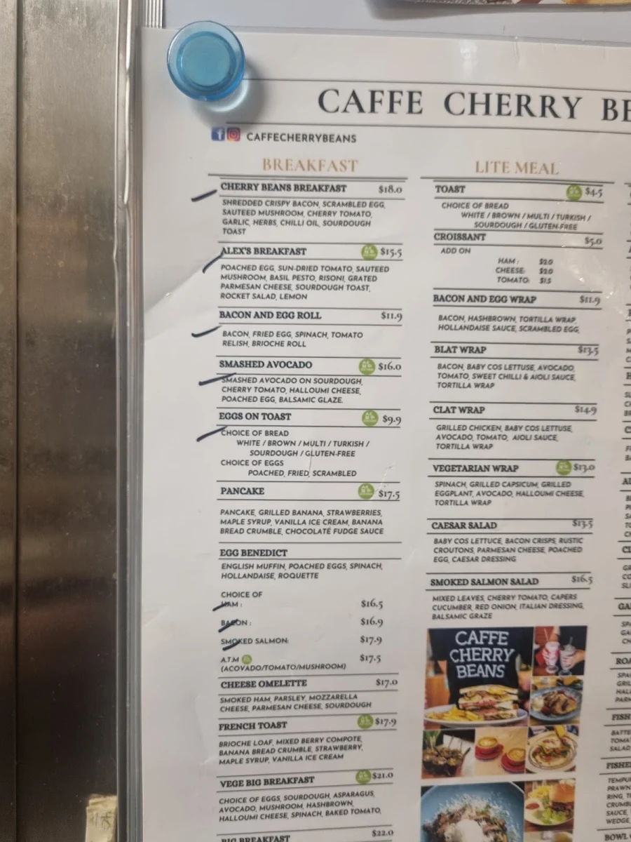 Menu, Caffe Cherry Beans