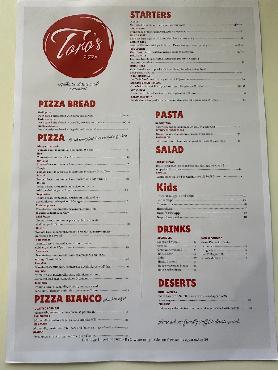 Menu, Toro's pizza