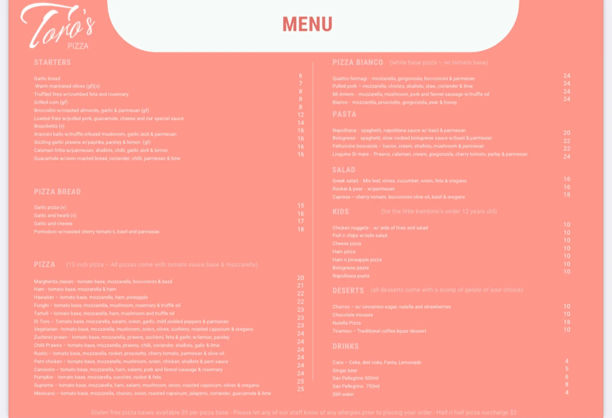 Menu, Toro's pizza