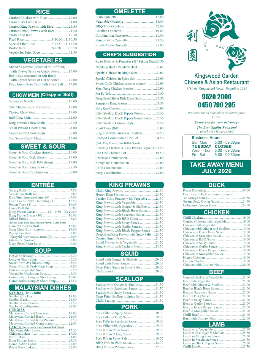 Menu, Kingswood Garden Chinese Restaurant