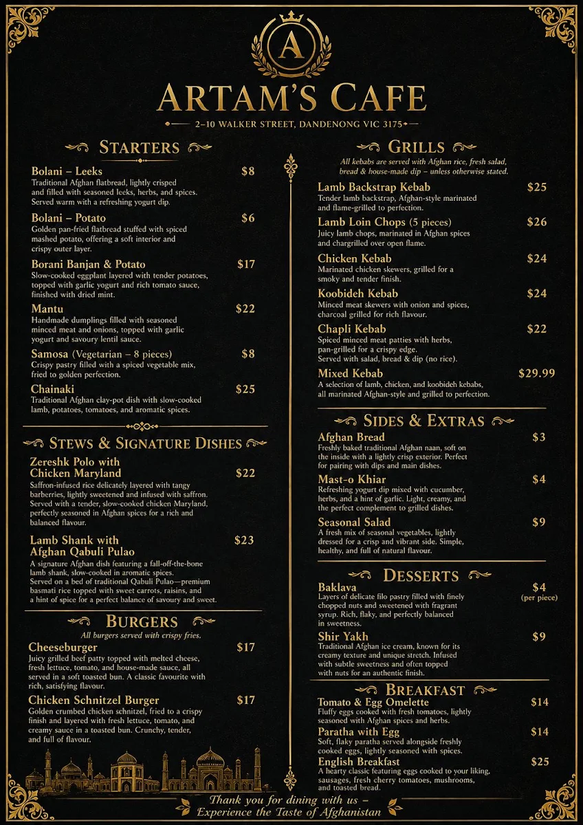 Menu, Artams cafe