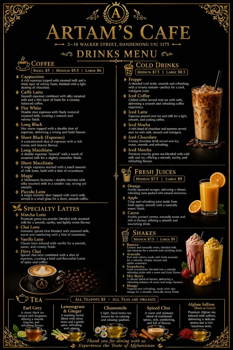Menu, Artams cafe