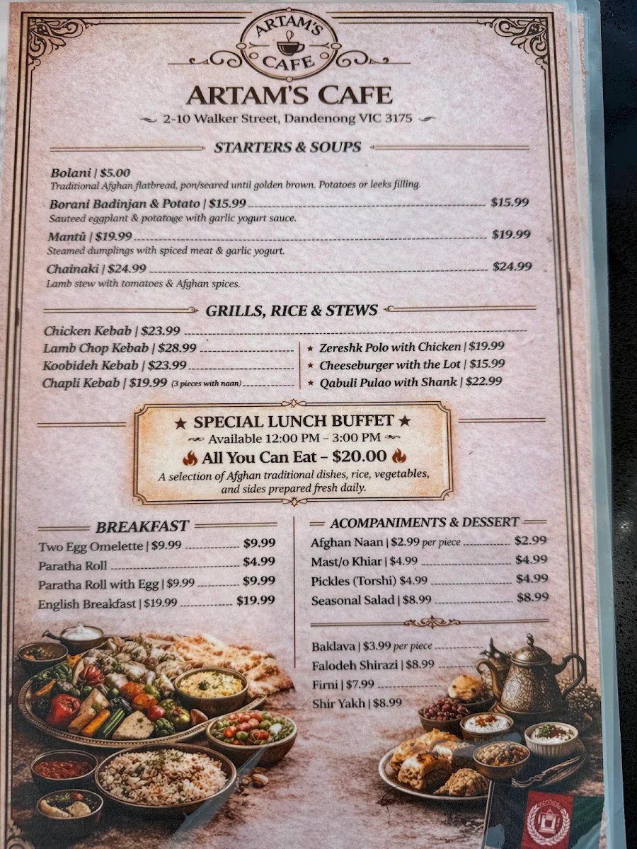 Menu, Artams cafe