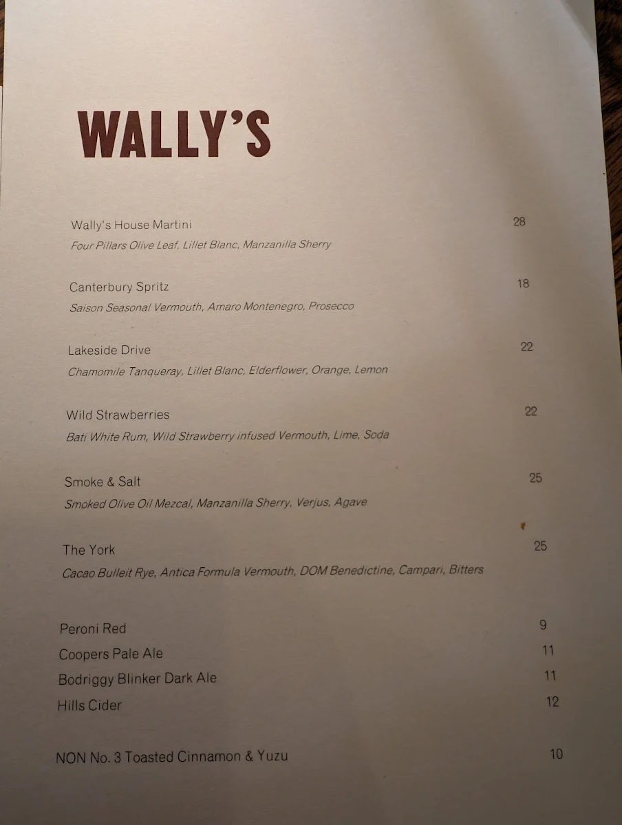 Menu, Wally's Albert Park